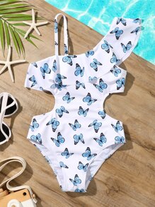 Tween Girl Random Butterfly Print Ruffle Trim One Piece Swimsuit