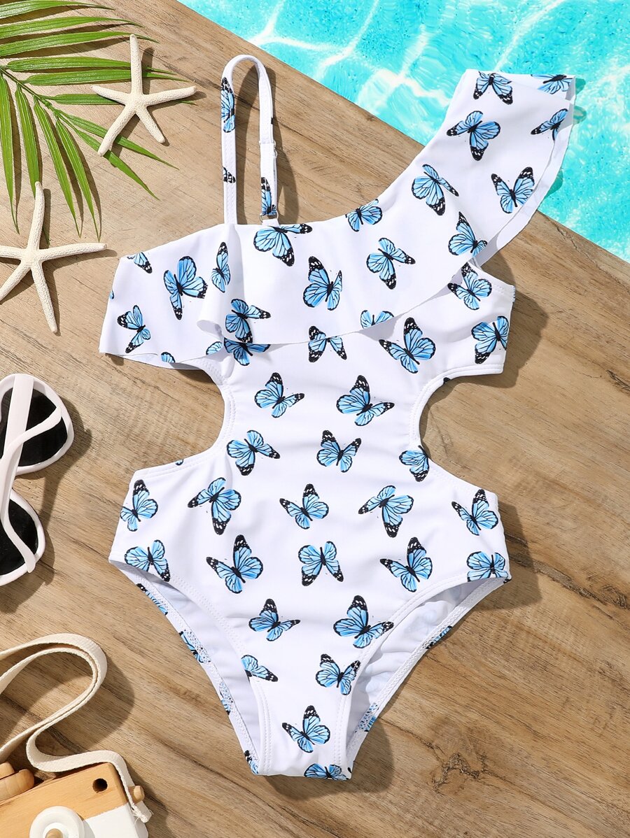 Tween Girl Random Butterfly Print Ruffle Trim One Piece Swimsuit