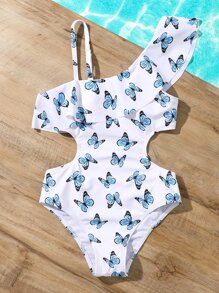 Tween Girl Random Butterfly Print Ruffle Trim One Piece Swimsuit