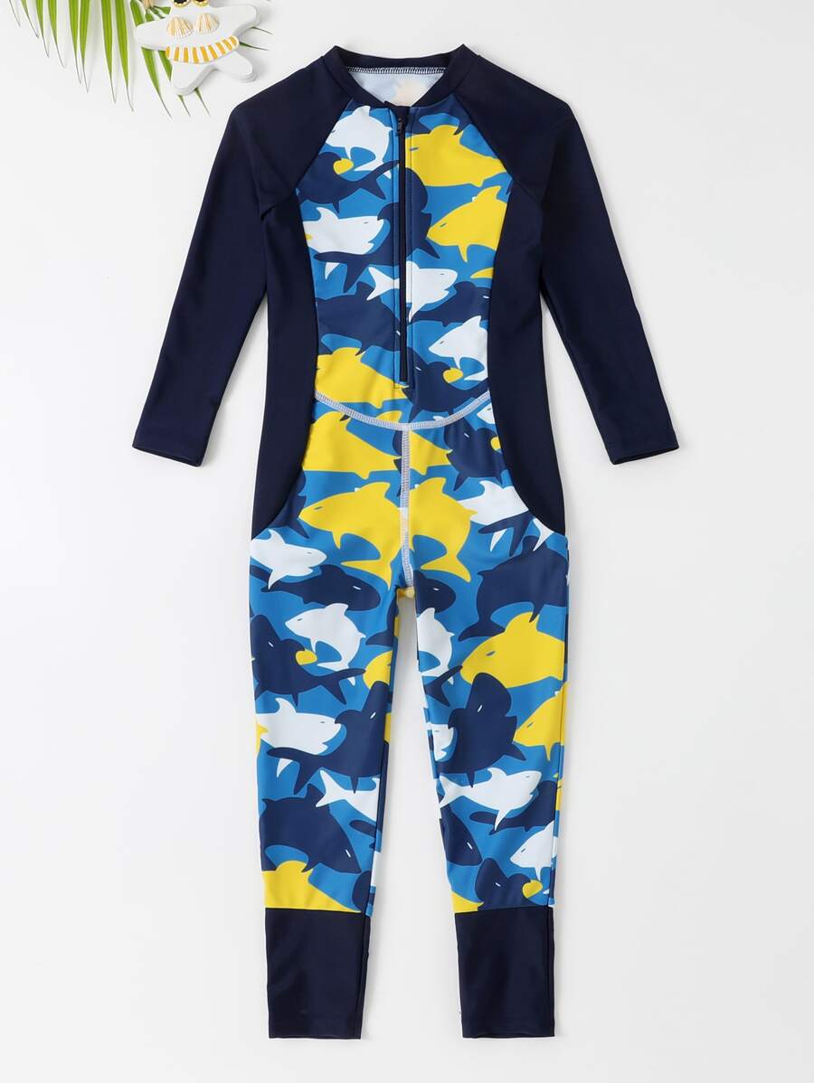 年輕男孩全身隨機鯊魚印花高領一件式泳衣 - 彩色 - 查看 1
