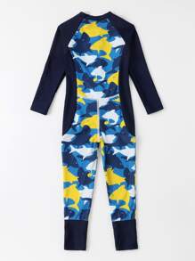 年輕男孩全身隨機鯊魚印花高領一件式泳衣 - 彩色 - 查看 2