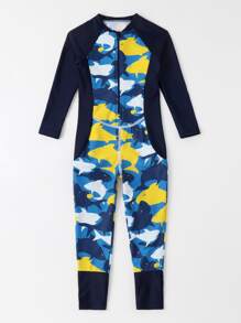 年輕男孩全身隨機鯊魚印花高領一件式泳衣 - 彩色 - 查看 3