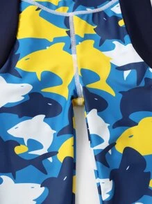 年輕男孩全身隨機鯊魚印花高領一件式泳衣 - 彩色 - 查看 4