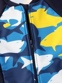 年輕男孩全身隨機鯊魚印花高領一件式泳衣 - 彩色 - 查看 5