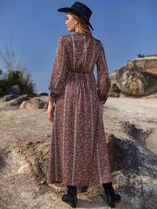 花和佩斯利圖案燈籠袖洋裝不附腰帶