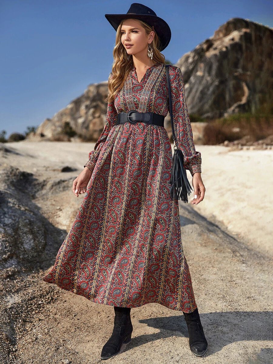 花和佩斯利圖案燈籠袖洋裝不附腰帶