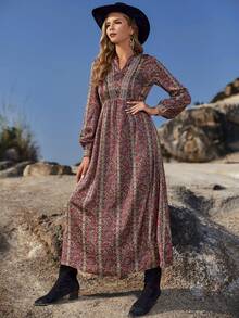 花和佩斯利圖案燈籠袖洋裝不附腰帶