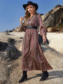 花和佩斯利圖案燈籠袖洋裝不附腰帶