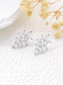 Cubic Zirconia Flower Stud Earrings - Silver - View 1