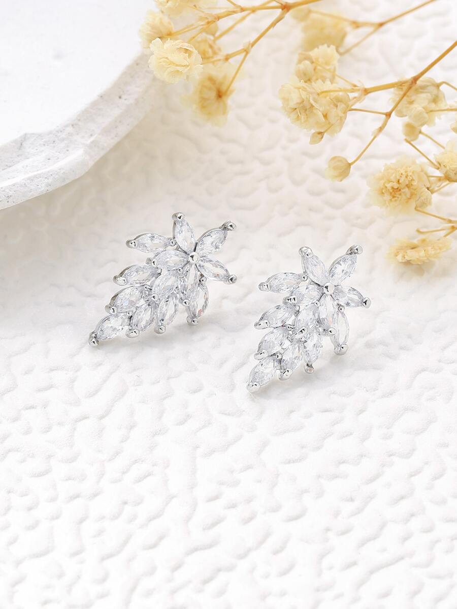 Cubic Zirconia Flower Stud Earrings - Silver - View 1
