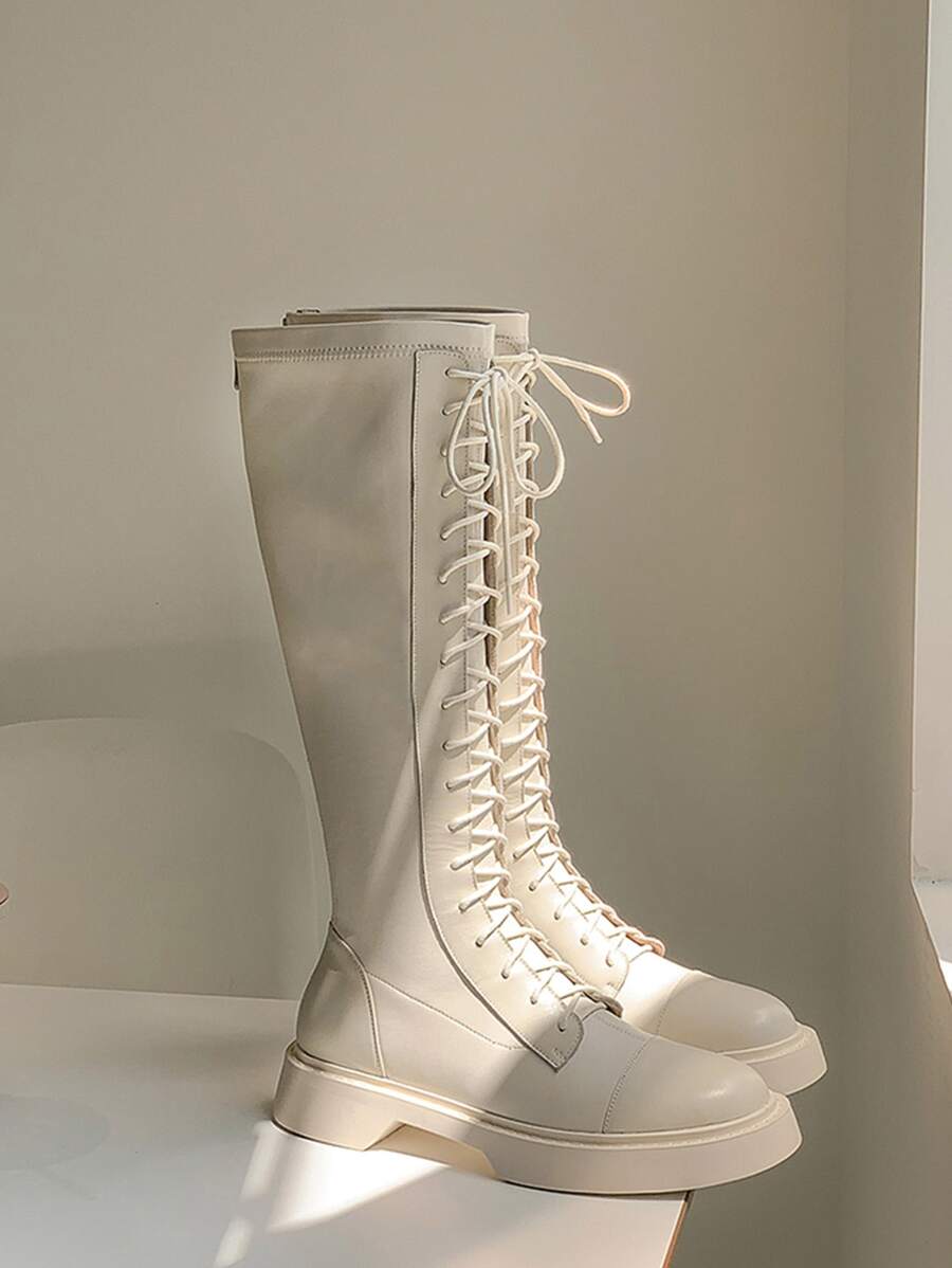 HanDuEke Minimalist Lace-up Front Combat Boots - Beige - View 1