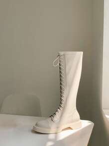 HanDuEke Minimalist Lace-up Front Combat Boots - Beige - View 3