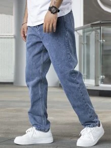男士斜口袋直筒牛仔褲 - 中等水洗藍 - 查看 1