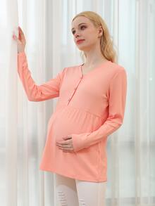 Maternity V-neck Half Button Peplum Top - Coral Orange - View 3