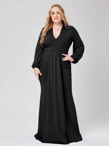 Plus Plunge Neck Lantern Sleeve Maxi Prom Dress - Black - View 1