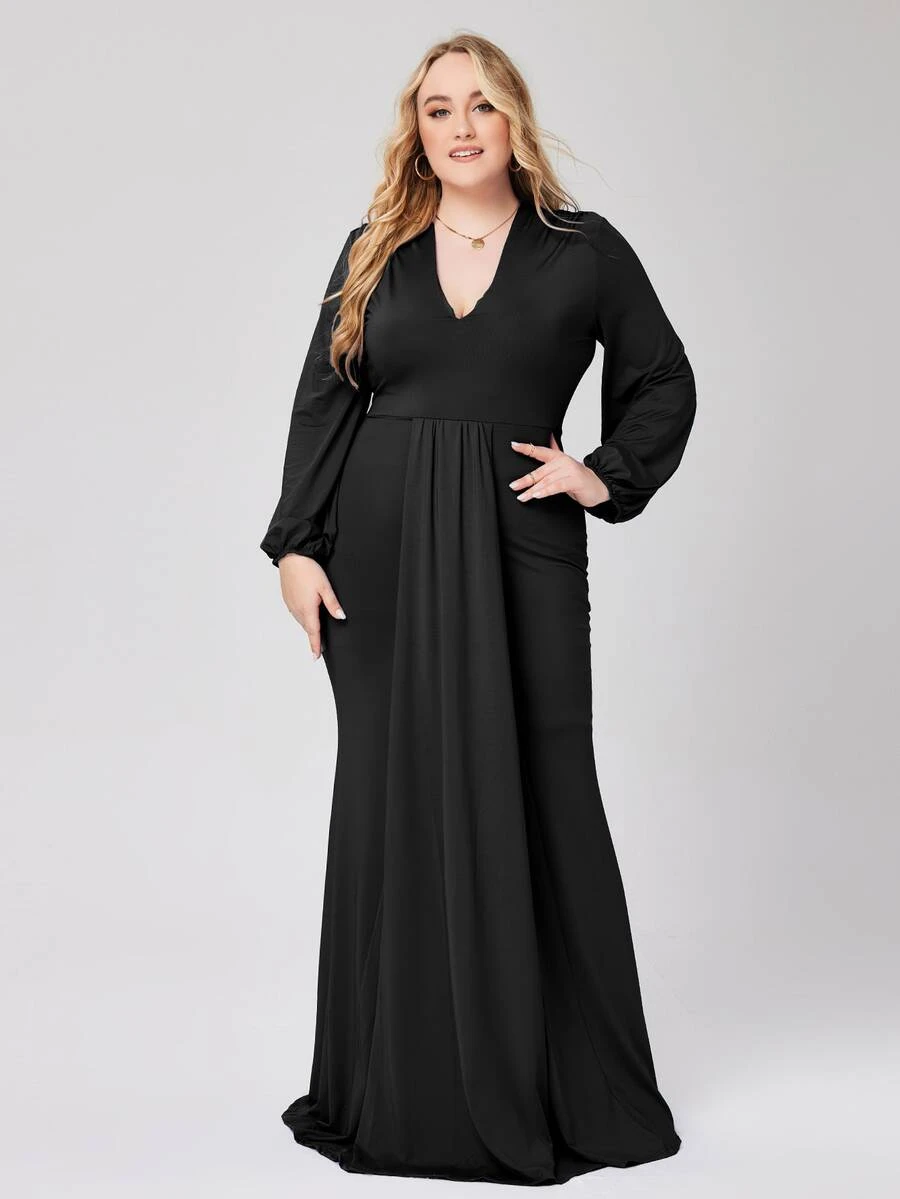 Plus Plunge Neck Lantern Sleeve Maxi Prom Dress - Black - View 1