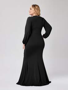 Plus Plunge Neck Lantern Sleeve Maxi Prom Dress - Black - View 2