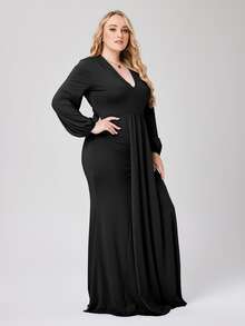 Plus Plunge Neck Lantern Sleeve Maxi Prom Dress - Black - View 3