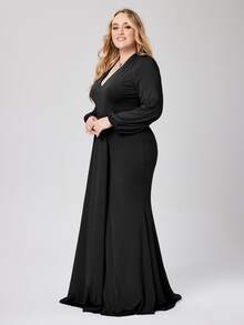Plus Plunge Neck Lantern Sleeve Maxi Prom Dress - Black - View 4