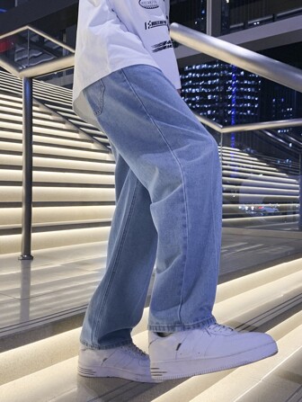 男士斜口袋直筒牛仔褲