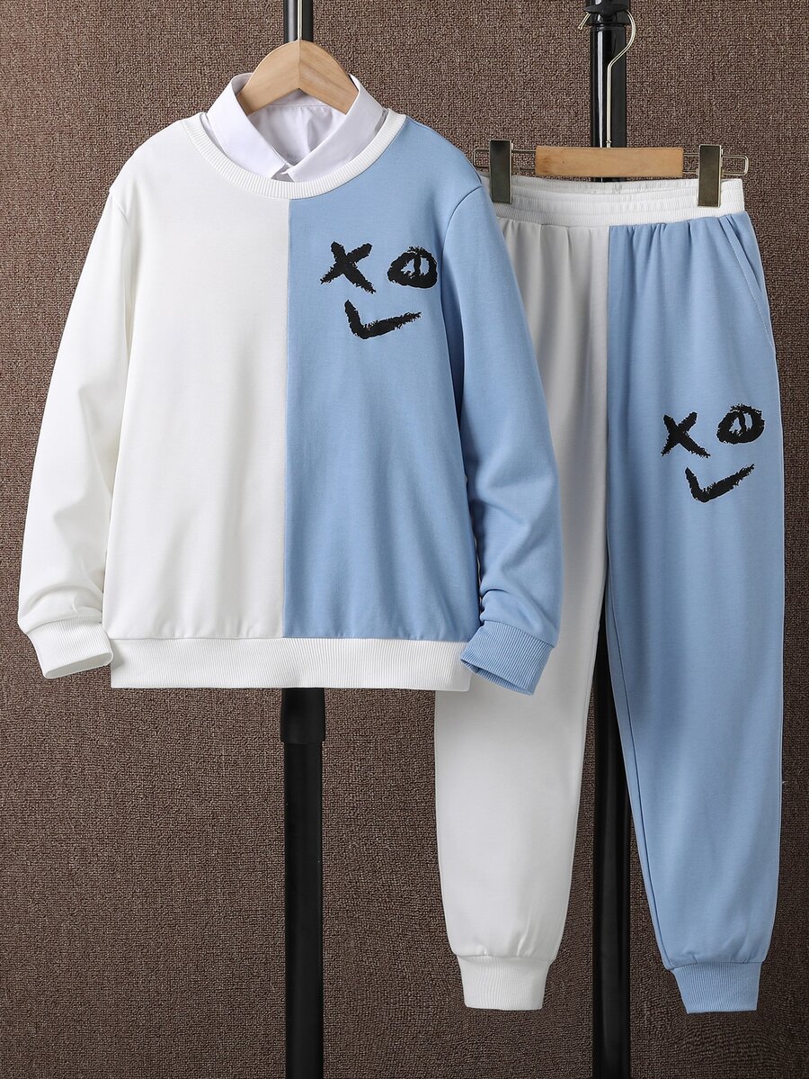 Boys Cartoon Graphic Two Tone Sweatshirt & Joggers Without Shirt - Blue and White - View 1