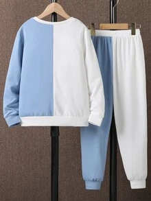 Boys Cartoon Graphic Two Tone Sweatshirt & Joggers Without Shirt - Blue and White - View 2