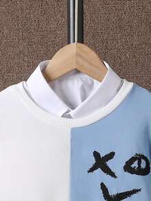 Boys Cartoon Graphic Two Tone Sweatshirt & Joggers Without Shirt - Blue and White - View 6