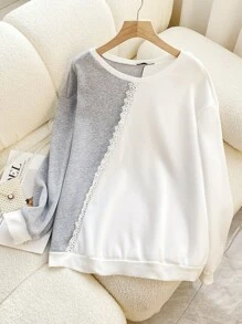 SHEIN LUNE Plus Two Tone Drop Shoulder Lace Trim Sweatshirt - Multicolor - View 1