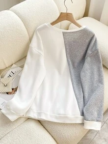 SHEIN LUNE Plus Two Tone Drop Shoulder Lace Trim Sweatshirt - Multicolor - View 2