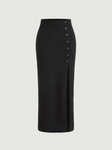 SHEIN MOD Button Detail Split Thigh Skirt - Black - View 2