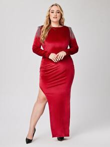 Plus Rhinestone Split Thigh Velvet Dress - Red - View 1