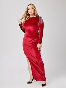 Plus Rhinestone Split Thigh Velvet Dress - Red - View 4