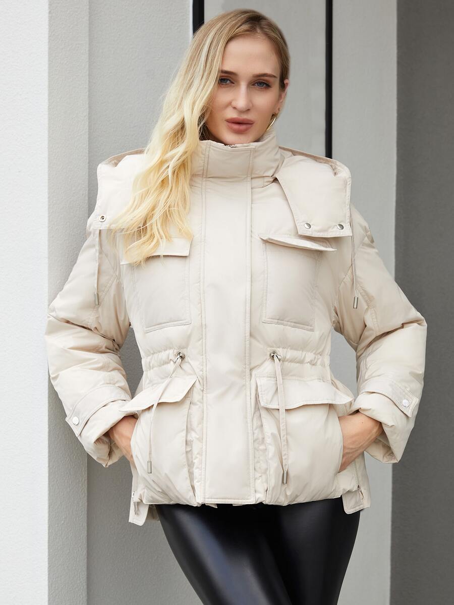 ZIAI Abrigo acolchado con capucha, unicolor y cintura ceñida para mujer en invierno - Beis - Ver 1