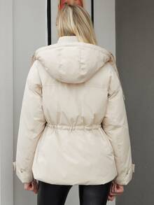 ZIAI Abrigo acolchado con capucha, unicolor y cintura ceñida para mujer en invierno - Beis - Ver 2