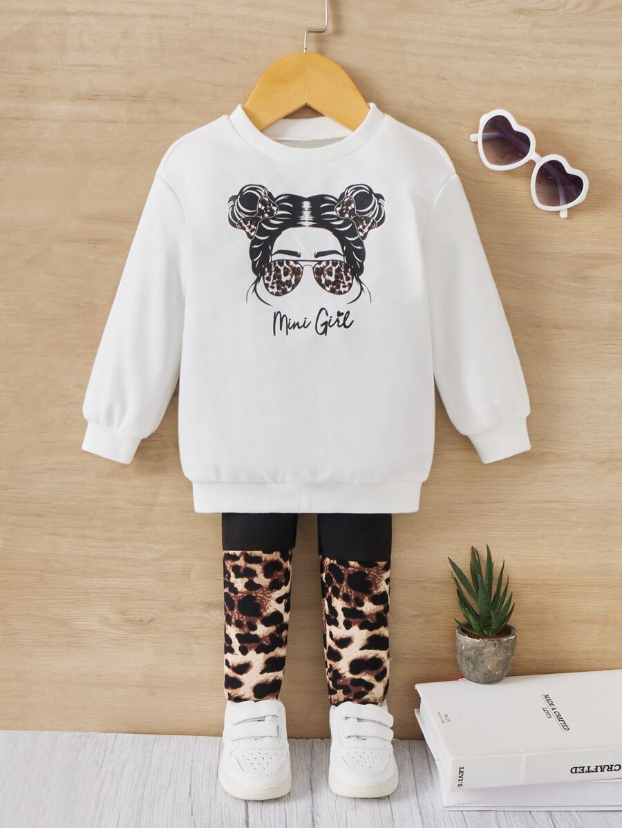 SHEIN Baby Girl Leopard And Figure Graphic Pullover & Leopard Leggings - White - View 1