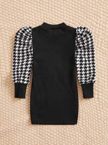SHEIN 嬰兒千鳥格印花泡泡袖小高領連衣裙 - 黑色 - 查看 2