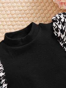 SHEIN 嬰兒千鳥格印花泡泡袖小高領連衣裙 - 黑色 - 查看 3