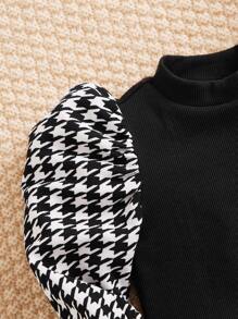 SHEIN 嬰兒千鳥格印花泡泡袖小高領連衣裙 - 黑色 - 查看 4