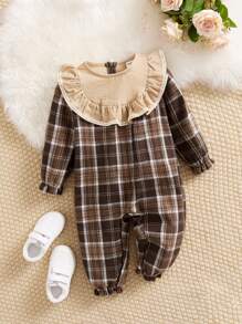 SHEIN Baby Plaid Print Ruffle Trim Flounce Sleeve Jumpsuit - Coffee Brown - View 1