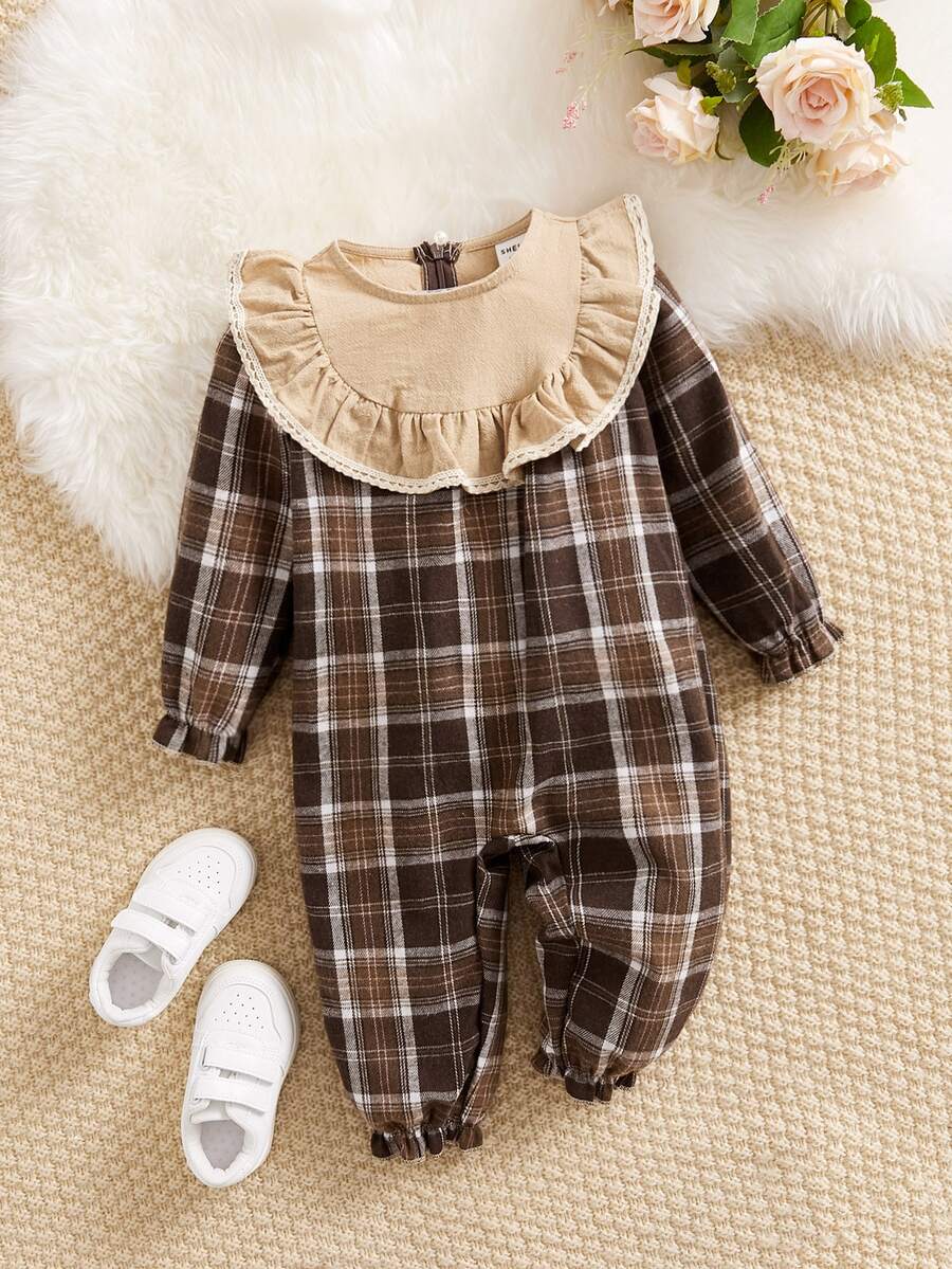 SHEIN Baby Plaid Print Ruffle Trim Flounce Sleeve Jumpsuit - Coffee Brown - View 1