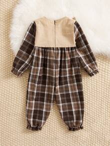 SHEIN Baby Plaid Print Ruffle Trim Flounce Sleeve Jumpsuit - Coffee Brown - View 2