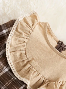 SHEIN Baby Plaid Print Ruffle Trim Flounce Sleeve Jumpsuit - Coffee Brown - View 4