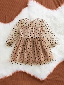 SHEIN Baby Girl Flounce Sleeve Layered Ruffle Detail Allover Heart Print Mesh Dress