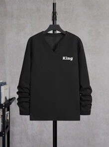 Manfinity Hombres Camiseta con estampado de letra de cuello de muesca - Negro - Ver 3