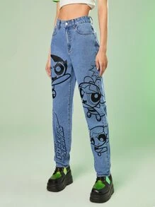 The Powerpuff Girls | ROMWE Cartoon Letter Graphic Jeans - Light Wash - View 4