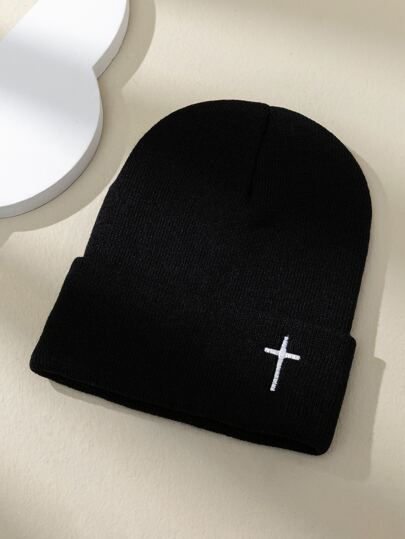 1 pieza Gorro unisex con bordado de cruz, estilo Y2K, cálido y transpirable, de punto de moda, adecuado para uso diario y actividades al aire libre, gorro de Halloween, atuendo de otoño