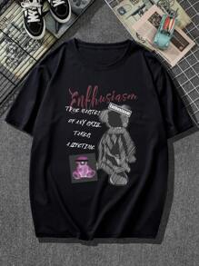 ROMWE MEN Guys Bear & Slogan Graphic Tee - Black - View 1