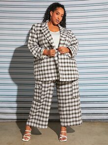 SHEIN CURVE+ Plus Plaid Print Lapel Neck Blazer - Multicolor - View 6
