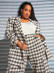 SHEIN CURVE+ Plus Plaid Print Lapel Neck Blazer - Multicolor - View 1