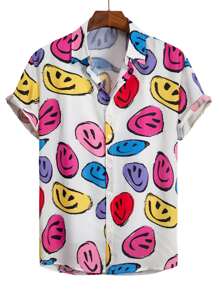 ROMWE MEN Guys Cartoon Face Print Shirt - Multicolor - View 1